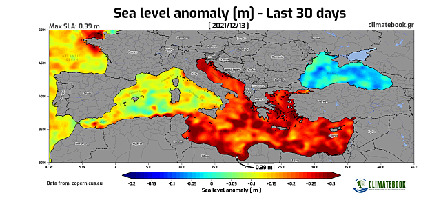 Στο Αιγαίο η μέση στάθμη της θάλασσας βρίσκεται περίπου 26-28 εκατοστά υψηλότερα από τη μέση τιμή της περιόδου 1993-2012.