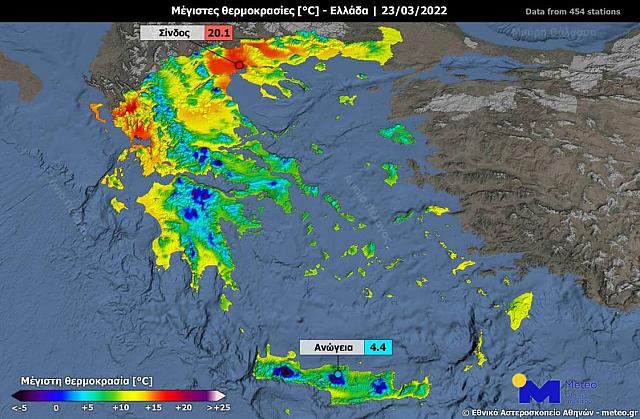 Η γεωγραφική κατανομή των μεγίστων θερμοκρασιών σε ολόκληρη την επικράτεια.