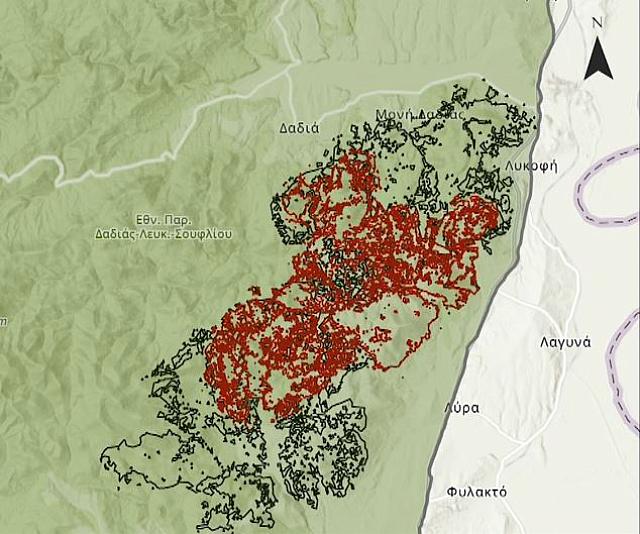 Με κόκκινο χρώμα στους χάρτες αποτυπώνεται η καμένη έκταση (12,060 στρέμματα) όπως φαινόταν στις 24 Ιουλίου και με μαύρο χρώμα (32,192 στρέμματα) στις 26 Ιουλίου με την συνολική έκταση να φτάνει πλέον 40.000 στρέμματα.