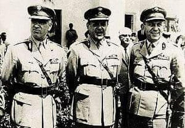 Οι πρωτεργάτες της 21ης Απριλίου: Πατακός (αριστερά), Παπαδόπουλος και Μακαρέζος