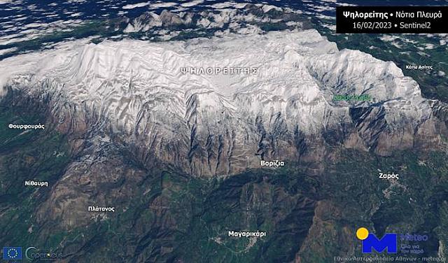 δορυφορική αποτύπωση της χιονόπτωσης στα βουνά της, μετά την κακοκαιρία «Βαρβάρα».