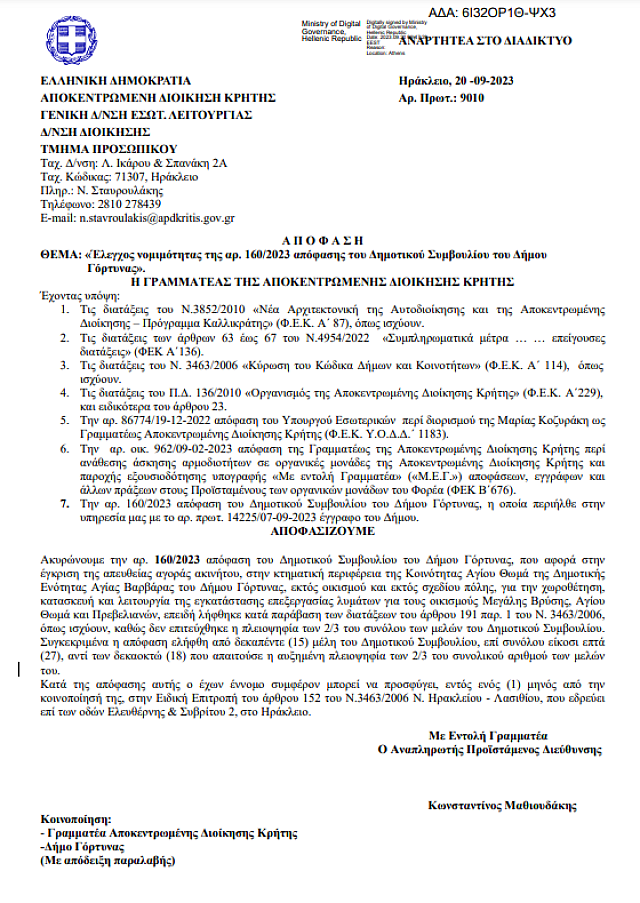 Η δημοτική αρχή Κοκολάκη παραβιάζει τη νομιμότητα για να «δείξει» έργο στους δημότες της Γόρτυνας