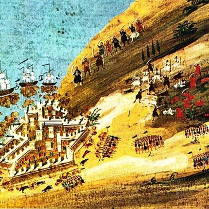 Υδατογραφία των Δ. Ζωγράφου - Ι. Μακρυγιάννη με θέμα τις μάχες της Κρήτης. Μεταξύ άλλων στο υπόμνημα: " Η νήσος Κρήτη με τα κάστρα της και τα χωριά της. Πολεμούν οι Έλληνες και από μέσα απ' τα φρούρια οι Τούρκοι". Γεννάδειος Βιβλιοθήκη.