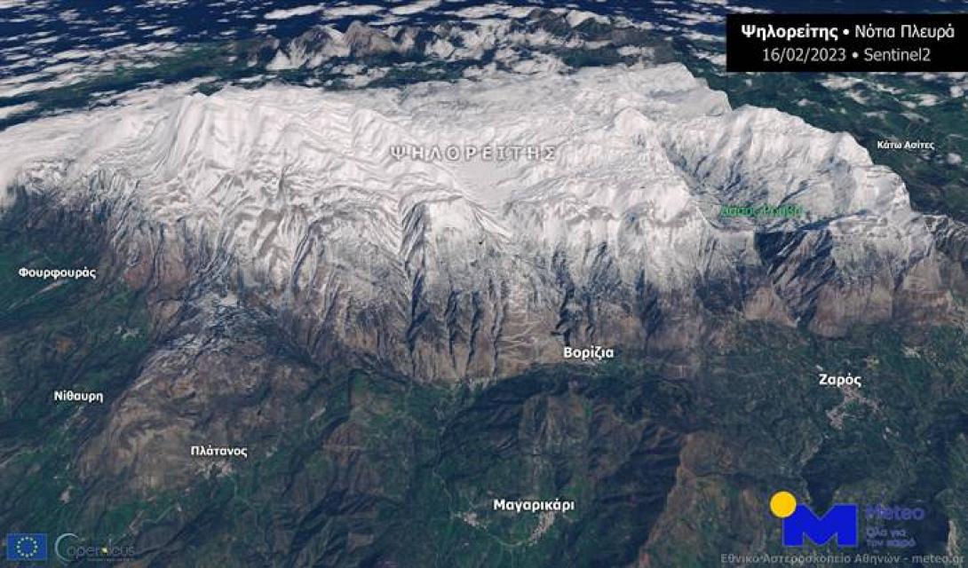 δορυφορική αποτύπωση της χιονόπτωσης στα βουνά της, μετά την κακοκαιρία «Βαρβάρα».