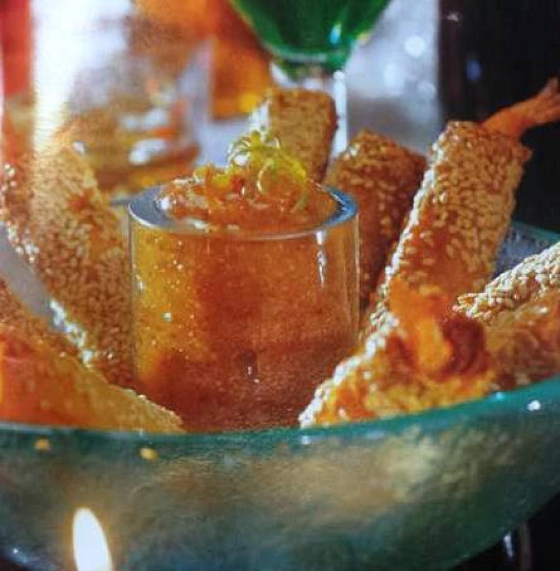 Γαρίδες σε φύλλο με γλυκοκαυτερή σάλτσα πορτοκάλι